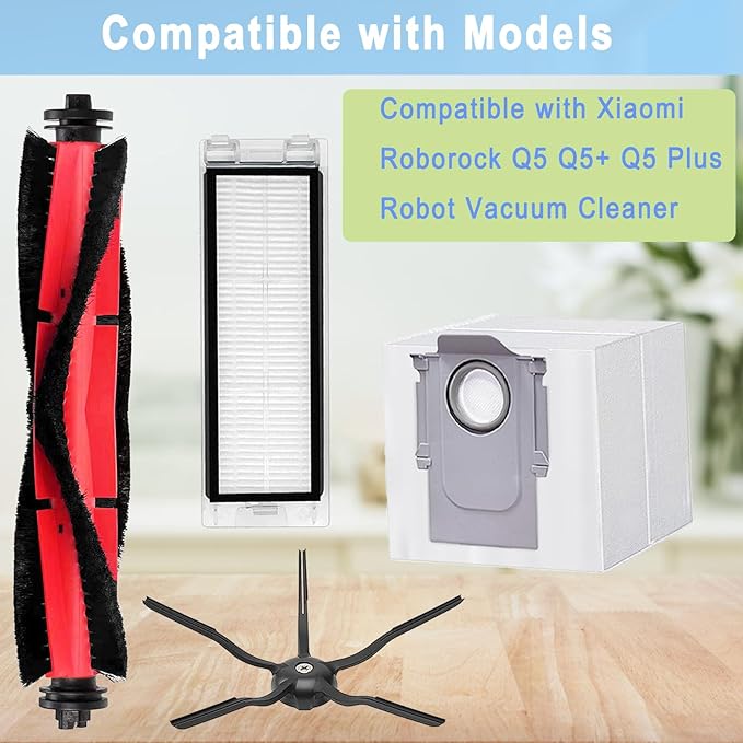 Replacement Parts for Xiaomi Roborock Q5 Q5+ Q5 Plus Robot Vacuum Cleaner, 1 Main Brushes 3 Filters 4 Side Brushes 4 Dust Bags