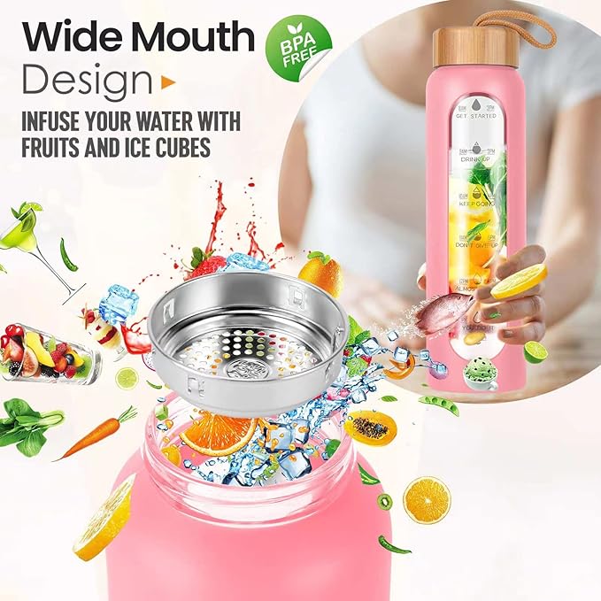 Aqulea Glass Water Bottles 32 Oz with Silicone Sleeve - BPA Free Reusable Wide Mouth Glass Motivational Water Bottles with Fruit Infuser – Leak Proof Borosilicate Water Bottle with Time Marker (Pink)