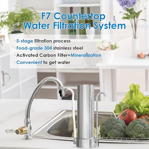 F7 Countertop Water Filter System,Rapid Flow,6-8Months or 8000 Gallons Long-Life,5-Stage Filtration- Reduces Chlorine,Heavy Metals,Bad Odors,add Mineral Material-Includes 1 Filter