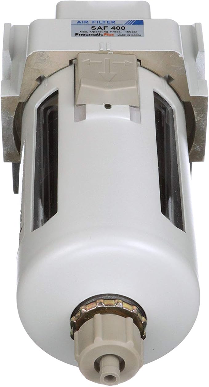 PneumaticPlus SAF400-N04B Compressed Air Particulate Filter 1/2" NPT, 10 Micron Element, Poly Bowl, Manual Drain, Bracket