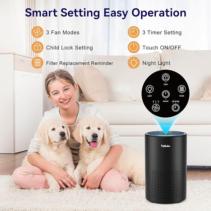 Air Purifiers for Bedroom Home, Tailulu H14 True HEPA Air Purifier Filter, Quiet Air Cleaner With 12dB Sleep Mode Night Light Speed Control Timer, Portable Small Air Purifier For Allergies Pets, AP052