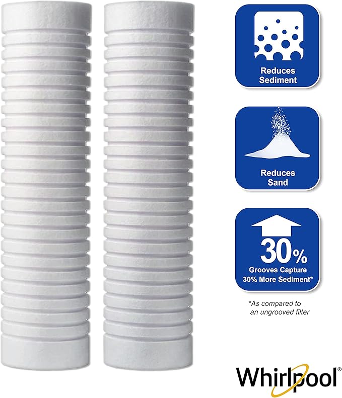 Whirlpool 10" x 2.5" Whole Home Standard Capacity Sediment Filters WHKF-GD05, 5 Micron, 6-Month Filter Life, Reduces Sediment, Sand, Soil, Silt & Rust, for standard filter housings, 2-Pack