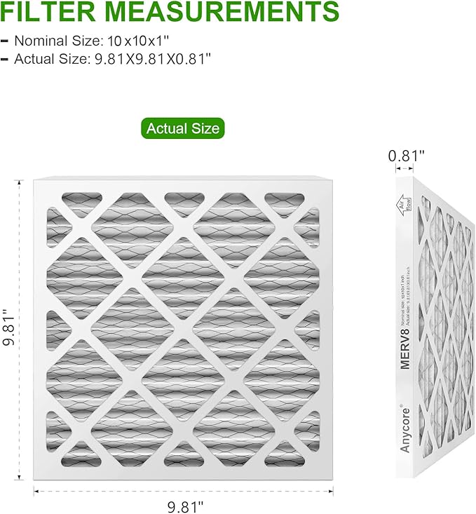 10x10x1 Air Filter MERV 8 MPR 600 FPR 5 AC HVAC Furnace Pleated Filters for Home Office 6-Pack (Actual Size: 9.81x9.81x0.81 inch)