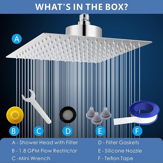 Voolan Rain Shower Head with Filtered - High Flow Large Rainfall Shower Heads Made of Stainless Steel - Waterfall Showerhead Filter For Hard Water (10" Chrome)