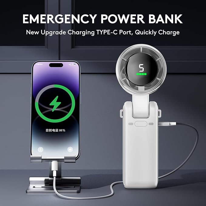 Foldable Handheld Fan, Portable Strong Winds Rechargeable 10000mAh Mini Turbo Fan, Digital Display, 5 Speed Adjustable Personal Small Pocket, Gifts for Women Men Travel Camp Outdoor Office