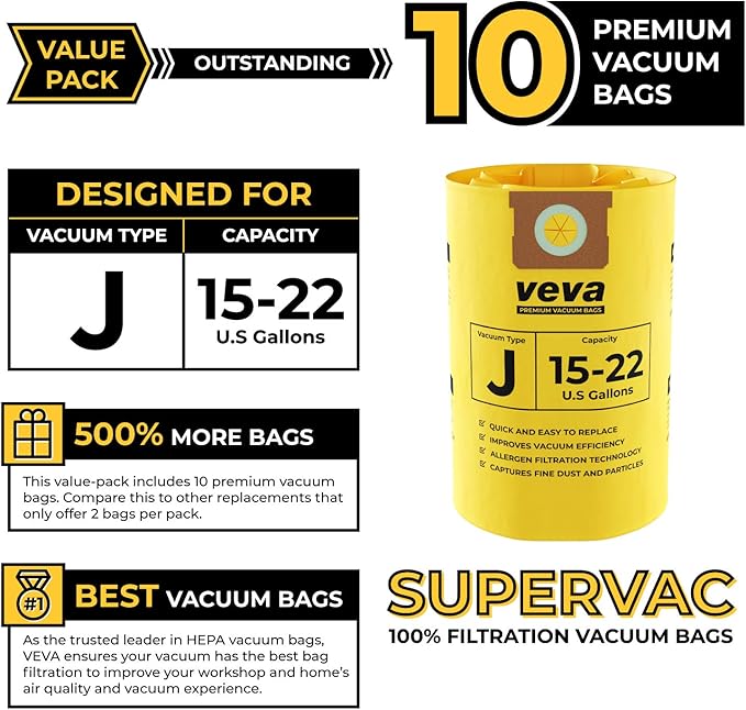 10 Pack, 15-22 Gallon Filter Bags for Shop Vac Vacuum - Type J 90673 - High-Efficiency Vacuum Bags