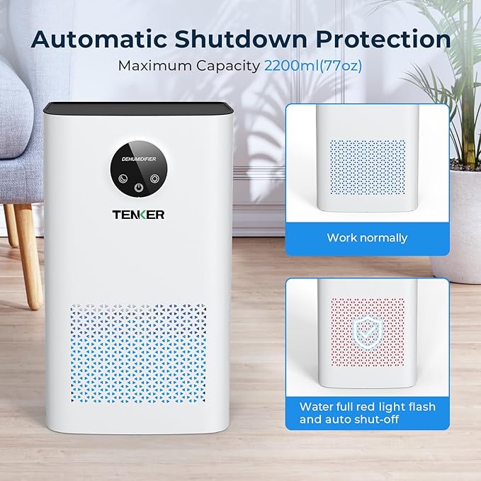 TENKER Dehumidifier for Home, 77 OZ Water Tank (1000 sq.ft) Dehumidifiers, Quiet Dehumidifier with Sleep Mode, Auto Shut Off, 7-Color LED Light for Closet Bedroom Bathroom Basement RV, White