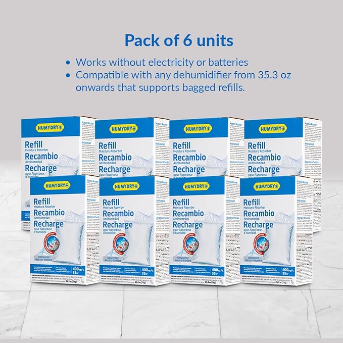 HUMYDRY® - 6-pack of dehumidifier refills - 35.3 oz - Absorbs moisture - Prevents odors - Fragrance-free - For spaces up to 400 sq. ft.