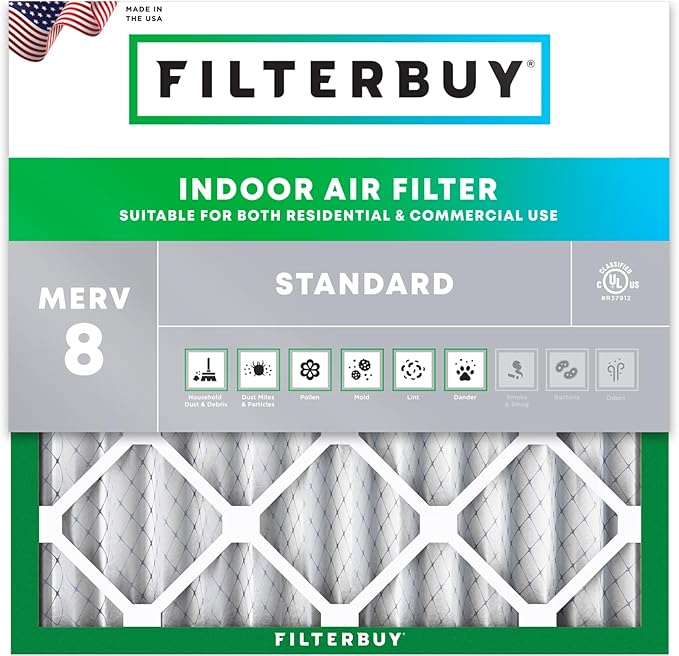 Filterbuy 16x16x2 Air Filter MERV 8 (MPR 700) Dust Defense Replacement (1-Pack), Electrostatic Pleated HVAC AC Furnace Filters, Made in USA (Actual Size: 15.50 x 15.50 x 1.75)