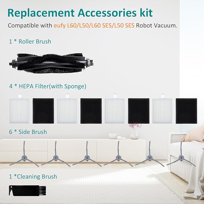 eufy L60 Replacement Parts Compatible with eufy L60 & L50 Series L60 SES/L50 SES Robot Vacuums L50 Replacement Parts Accessories Kit Brush, Filter Combo