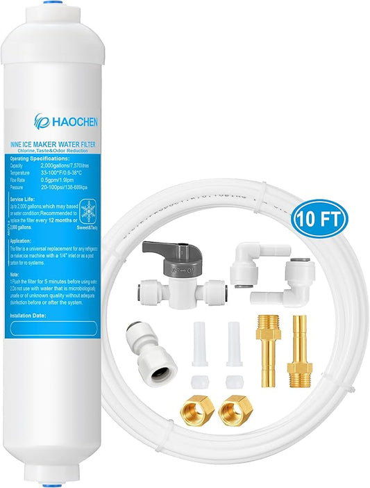 HAOCHEN Inline Water Filter for Ice Maker and Refrigerator,Include 1/4" Water Line and Push to Connect Fittings,Ideal for Ice Maker, Refrigerator, RO(Reverse Osmosis) System