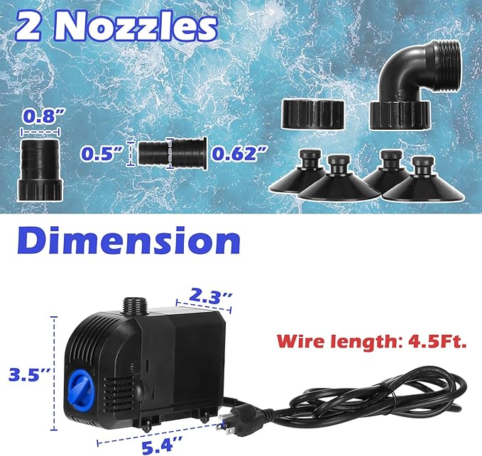 Submersible Water Pump 520GPH Aquarium Pump w/Sponge filter, 6.6ft. High Lift for Fish Tank Pond Hydroponic Water Fountain Sump Water Features Irrigation Powerful, Dry Burning Protection