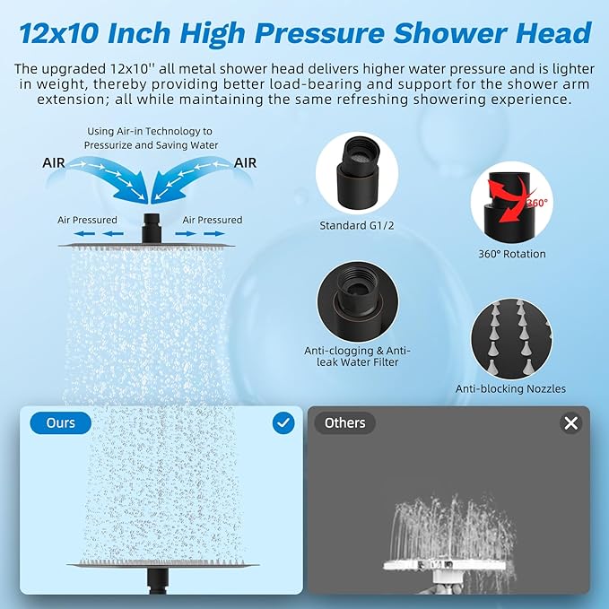 Hibbent Upgraded All Metal 12" Rainfall Showerhead Combo, High Pressure Shower Head with 10-Spray Mode Handheld, 4-way Diverter with Pause Mode, 71'' Shower Hose and Handheld Holder, Oil Rubbed Bronze