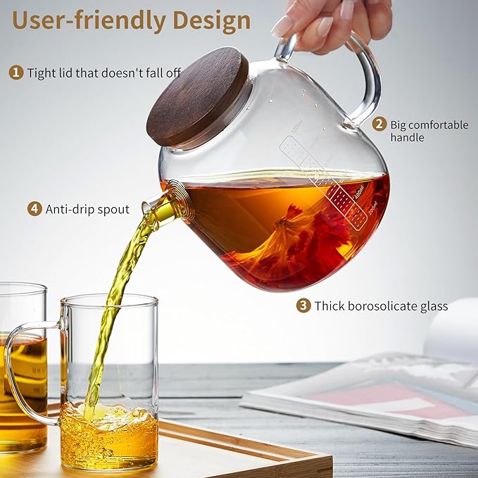 Glass Pitcher with Lid and Spout, 40OZ Glass Water Jug, Glass Carafe for Hot/Cold Water, 1200ml Glass Water Pitcher for Fridge, Glass Teapot, Large Iced Tea Pitcher for Homemade Beverage