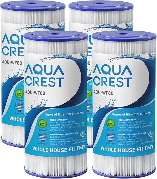 AQUA CREST FXHSC Whole House Water Filter Replacement for GE® FXHSC, GXWH40L, GXWH35F, American Plumber W50PEHD, W10-PR, Culligan® R50-BBSA, 5 Micron 10" x 4.5", High Flow Sediment Filters, Pack of 4