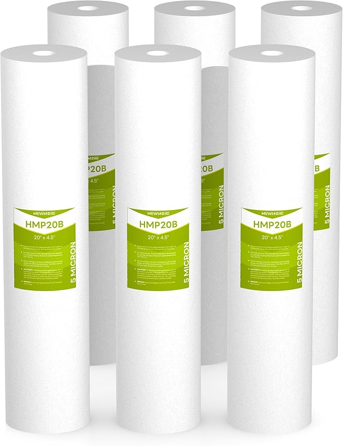 5 Micron Whole House Water Filter Cartridge, Sediment Filters for Well Water, Universal Replacement for Any 20 inch Big Housings - 20" x 4.5" Cartridges - Pack of 6