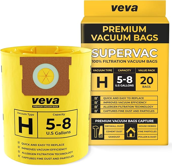 20 Pack, 5-8 Gallon Filter Bags for Shop Vac Vacuum - Type H 90671 - High-Efficiency Vacuum Bags