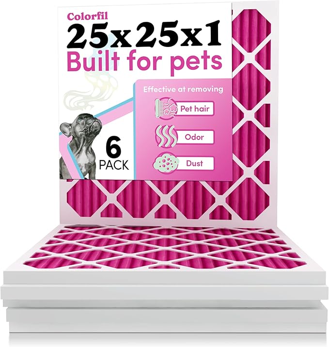 25x25x1 Air Filter by Colorfil | Color Changing Filters for Cat and Dog Odor | MERV 8 Furnace AC Filter for Pet Hair and Dust | 24.5"x24.5"x0.75" Exact Size | Pack of 6