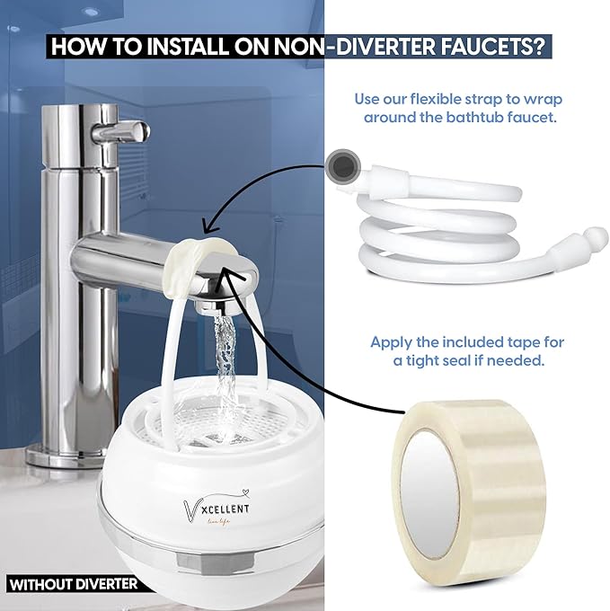 VXCELLENT 8-Stage Bathtub Water Filter – Removes Chlorine & Impurities – Vitamin C + Carbon Filtration – Long-Lasting 5,000 Gallons – Skin & Hair Friendly Bath Filter