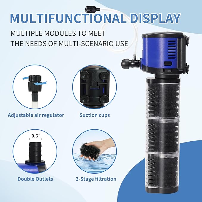 TARARIUM Aquarium Filter 400GPH for 55-200 Gallon Fish Tank, Biochemical Quiet Submersible Internal Powerful Pump Air Supply, Wave Maker 4 in 1, Small Ponds, Saltwater & Freshwater Crystal Clear