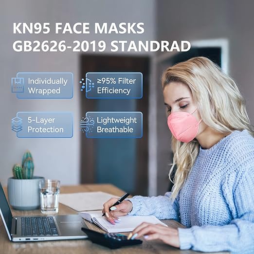 HALIDODO KN95 Face Mask, 60 Packs 5-Ply Individually Wrapped Breathable Comfortable Safety Mask with Over 95% Filtration (Red)