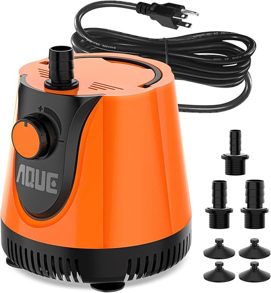 AQUE 360° All-round Water Intake Submersible Pump. It is suitable for fish tanks, ponds, aquariums and hydroponic systems. It comes with a 6-foot power cord and 3 nozzles(20W)