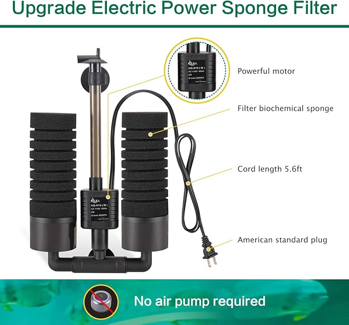 AQQA Aquarium Electric Power Sponge Filter,3W/5W Silence Submersible Foam Filter,Sponges Bio Ceramic Media Balls Double Filter for Saltwater Freshwater Fish Tank (M)