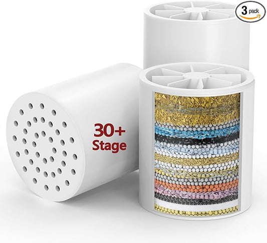 3 Pack 33 Stage Universal Shower Filter Replacement Cartridge V+C+E- Hard Water Purifier Removes Chlorine, Heavy Metals, Iron, Sediments - High Output Water Softener for Skin & Hair