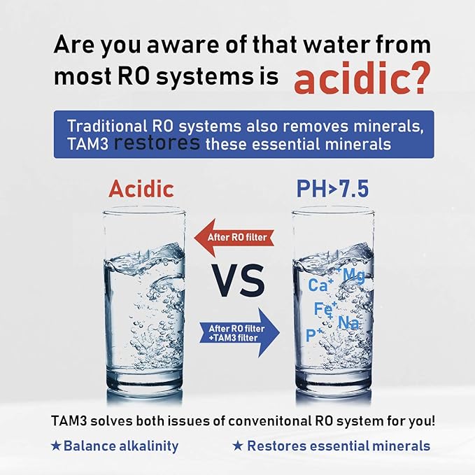 Frizzlife TAM3 Under Sink Inline Water Filter - Alkaline PH+ Remineralization, NSF/ANSI 42 Certified, Adjust Taste & PH, Restore Essential Minerals, 1/4" Pipe Fits for Reverse Osmosis Systems