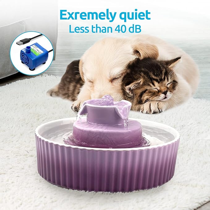 2.1L Ceramic Cat Water Fountain-for Cats and Dogs, 360 Ceramic Pet Fountain-70 Oz Large Water Capacity - Whisper-Quiet Water Flow-Great for Shy or Timid Pets - Fresh, Filtered Water(Purple)