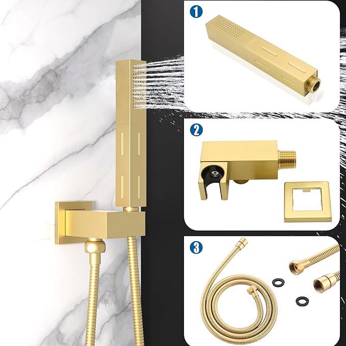 2 Settings Models Handheld Shower Head Sprayer High-Pressure with 59" Long Flexible Hose, Square 2 in1 Solid Brass Adjustable Shower Wand Replacement Kit, Brushed Gold