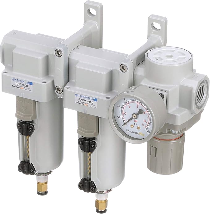 PneumaticPlus SAU430-N06DG-MEP Three Stage Air Drying System Particulate Air Filter, Coalescing Filter, Air Pressure Regulator Combo 3/4" NPT - Metal Bowl, Auto Drain, Bracket, Gauge