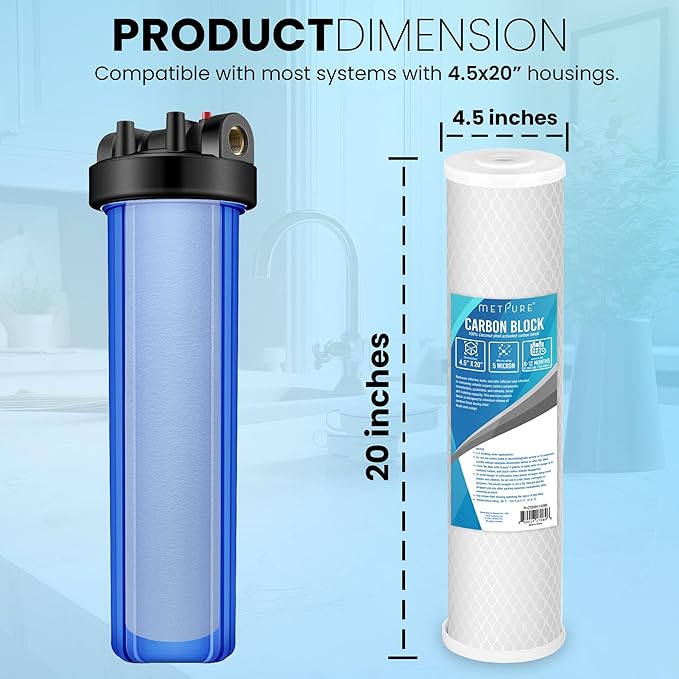 Universal 5 Micron 20” x 4.5” Whole House Carbon Water Filter Cartridge Replacement - Coconut Shell Carbon Block CTO. Compatible with Pentek, iSpring, and more. 1-Pack