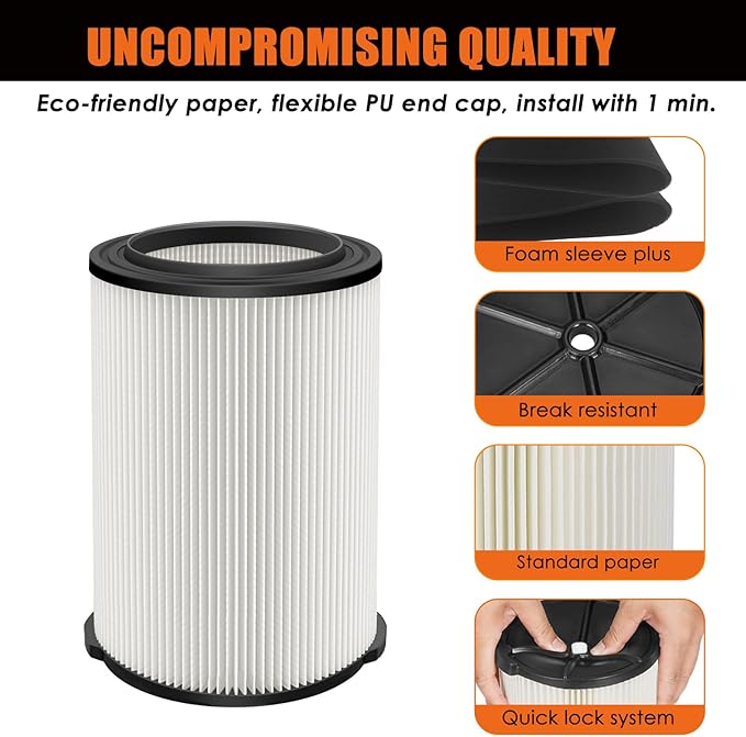 VF4000 Replacement Filter for Ridgid Shop Vacuums 5-20 Gallon, Universal VF4200 Filter Fits Rigid Wet Dry Vac/Husky Shop Vacuum Filter 6-9 Gallon with Foam Sleeves-2 Pack