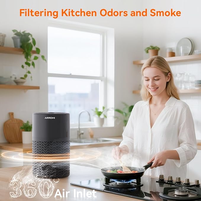 AIRROMI Pets Air Purifier for Home Allergies,Up to 660 ft².Yellow Deodorizing Activated Carbon Filter,With Fragrance Sponge for Better Sleep,Night Light,Pet Dander,Smoke,Odors,Air Cleaner A2002 Black