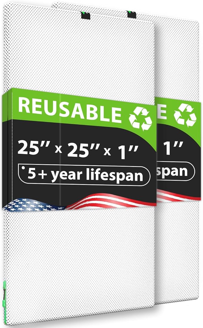 25x25x1 Air filter Pro Kit, Washable and Reusable Air Filter 25x25x1 for AC HVAC Furnace, MERV 8 Air Filters Machine Washable & Dryer Friendly, AC Furnace Air Filter, Include 2 Filters&1 Frame