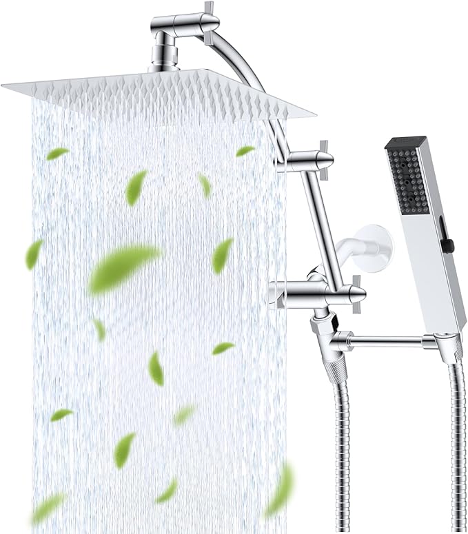 Hibbent All Metal 8'' Rainfall Shower Head, Square Shower Head Combo, High Pressure Handheld Shower Wand, 4 Sprays, 16'' Adjustable Arc-shaped Extension Arm, 71'' Hose, Showerhead Holder, Chrome