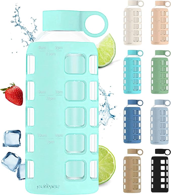purifyou 40oz / 32oz / 22oz / 12oz Borosilicate Glass Water Bottle with Time & Volume Markers, Silicone Sleeve, Stainless Steel Lid | Reusable Glass Bottle for Water & Juice (22oz Glow-in-the-Dark)