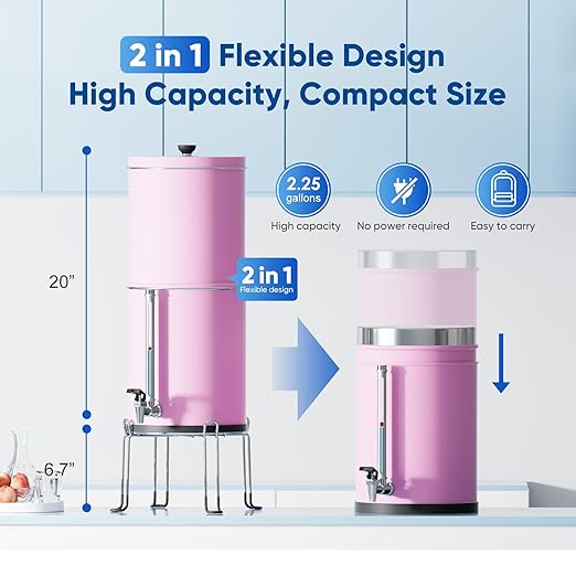 Purewell 3-Stage 0.01μm Ultra-Filtration Gravity Water Filter System, 304 Stainless Steel Countertop System with 2 Filters, Metal Water Level Spigot and Stand, Reduce 99% Chlorine, 2.25G, PW-OB-K