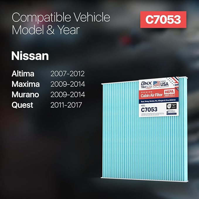 BNX TruFilter C7053 Cabin Air Filter, HEPA 99.97%, MADE IN USA, Compatible With Nissan: Altima 2007-2012, 2009-2014 Maxima, 2009-2014 Murano, 2011-2017