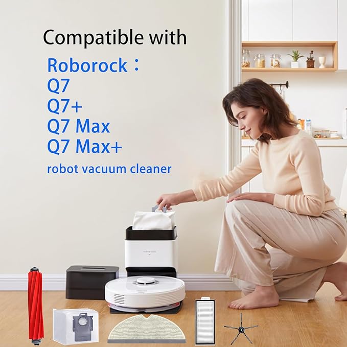 Q7 Replacement Parts Compatible with Roborock Q7 Q7+ Q7 Max Q7 Max+ Robot Vacuum Cleaner,2 Main Brush, 6 Mop Cloth Pads, 6 Side Brushes, 6 HEPA Filters,6 Dust Bag