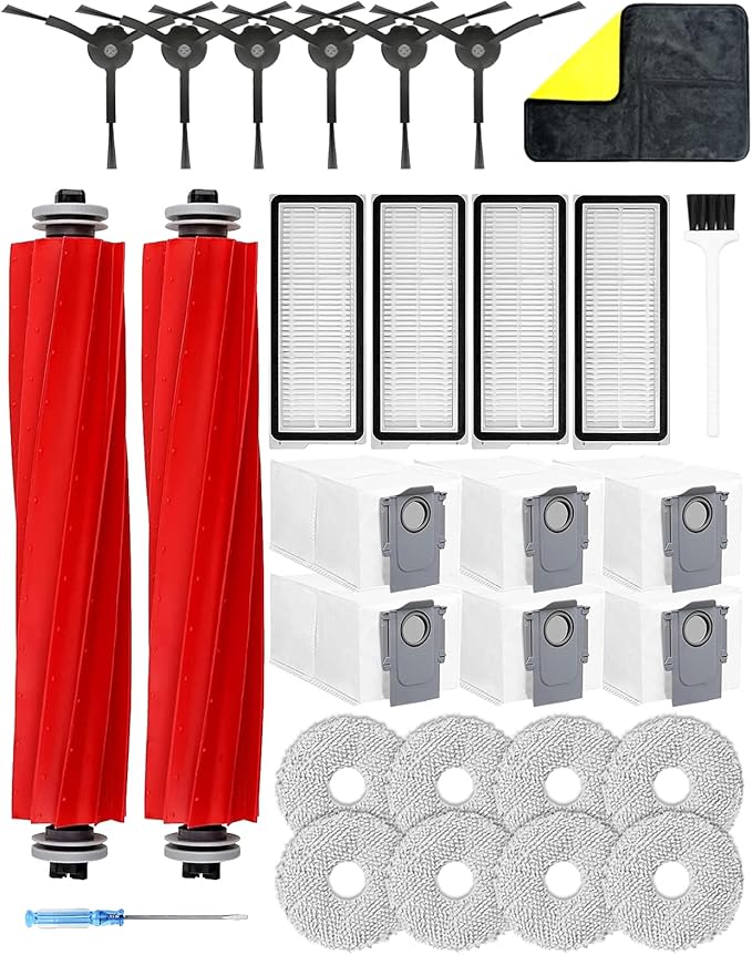 Yivy Accessories Kit Compatible with Roborock Qrevo Pro/MaxV/S/Plus Robotic Vacuum Cleaner, 2 Main Brush Rollers, 6 Black Side Brushes, 4 HEPA Filters, 8 Mop Pads, 6 Dust Bags (Black-29)