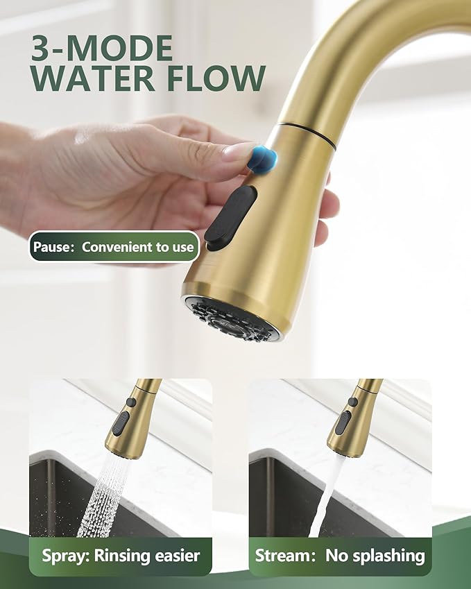 Gold Kitchen Faucet, Brass Kitchen Faucet with Pull Down Sprayer, Single Hole Stainless Steel Brushed Gold Faucet for 3 Hole Kitchen Sink Gooseneck for Commercial Modern Camper RV Farmhouse Bar Sink