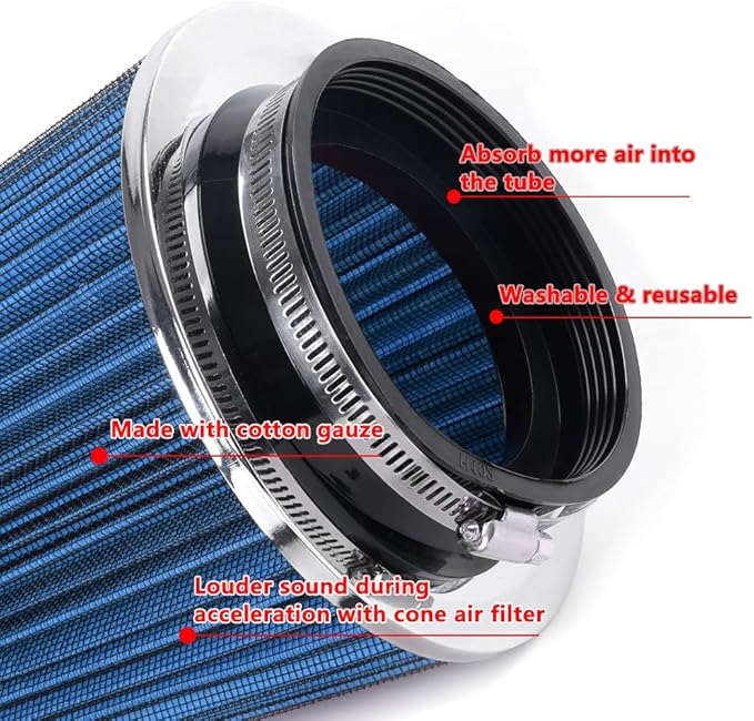 4-Inch Cold Air Intake Filter - Washable, High Performance, 3" or 3-1/2" or 4" Clamp-On Replacement Air Filter Blue (8" Tall)