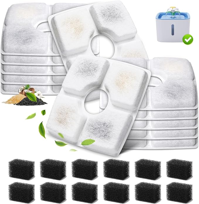 12-Pack Cat Water Fountain Filter Replacement & 12-Pack Pre-Filter Sponges for Square 84oz/2.5L Automatic Cat Fountain Dog Water Dispenser, Triple Filtration System Activated Carbon for Pet Fountain