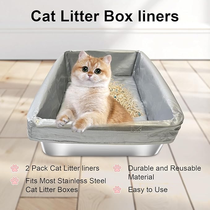 2 Pack Reusable Cat Litter Box Liners for Stainless Steel Boxes (Fits 6'' & 8'' Deep) - Scratch-Resistant & Waterproof Pan Protector, Extends Box Life, Easy to Clean with Non-Slip Design