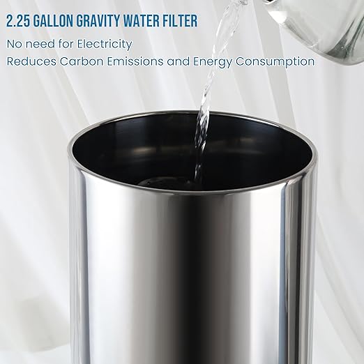 304 Stainless Steel Water Filter with Stand, Gravity Fed Water Filtration System, 2.25 Gallon Capacity with 2 Black Carbon Cartridges, Countertop Purifier for Home, Camping, Emergency Use
