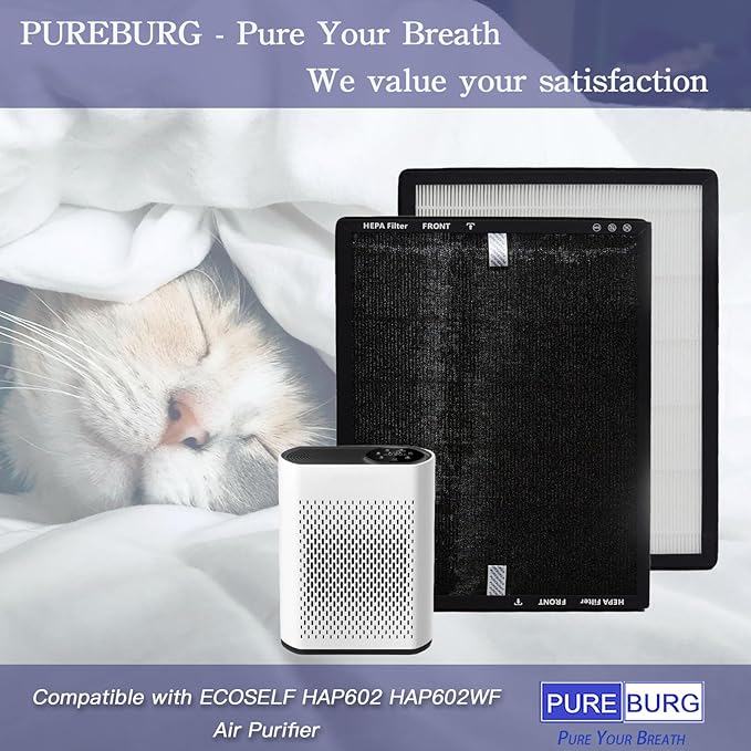 PUREBURG Replacement Filter Compatible with ECOSELF HAP602 HAP602WF Air Purifiers,4-Pack H13 HEPA Activated Carbon 3-Stage Filtration Air Clean Dust VOCs