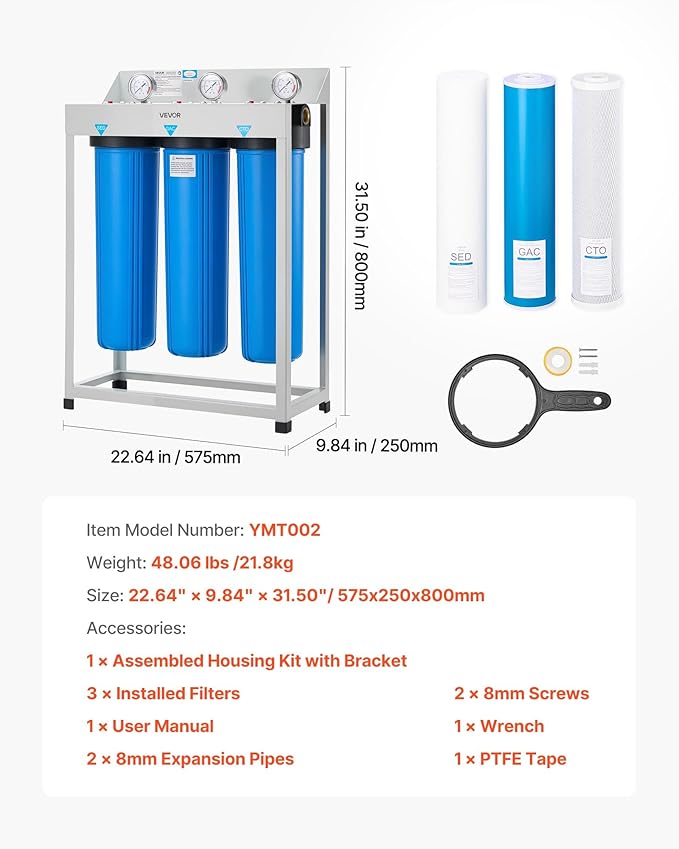 VEVOR Whole House Water Filter System, 3-Stage | Sediment, GAC, CTO | 20 x 4.5 Granular Activated Carbon Home Water Purifier Filter, Reduce Chlorine, Chemicals, VOCs, Bad Taste, Odor, Rust
