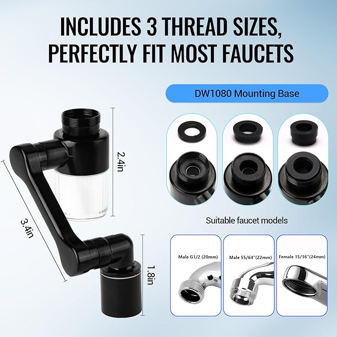 1080° Swivel Faucet-Extender Sink-Aerator - 2 Mode Splash Water Filter Extension, Kitchen Bathroom 360° Rotatable Spray Attachment, Multifunctional Universal Robotic Arm -Wash Hand/Hair/Face (Black)